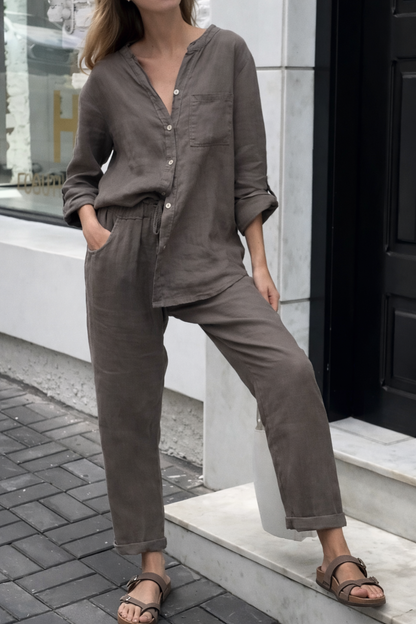 Conjunto elegante de algodón y lino con pantalones de talle alto Isabella Sol.