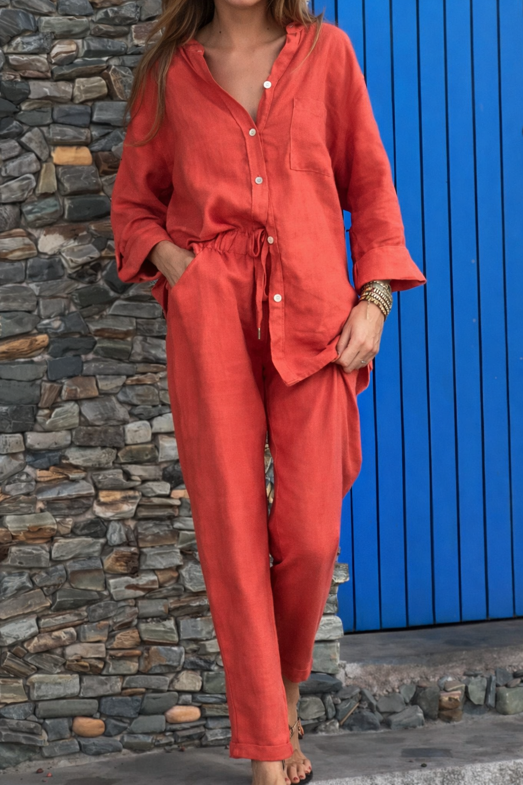 Conjunto elegante de algodón y lino con pantalones de talle alto Isabella Sol.