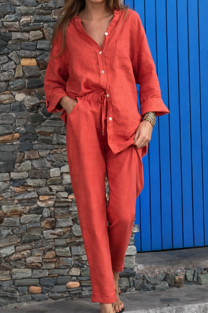Conjunto elegante de algodón y lino con pantalones de talle alto Isabella Sol.
