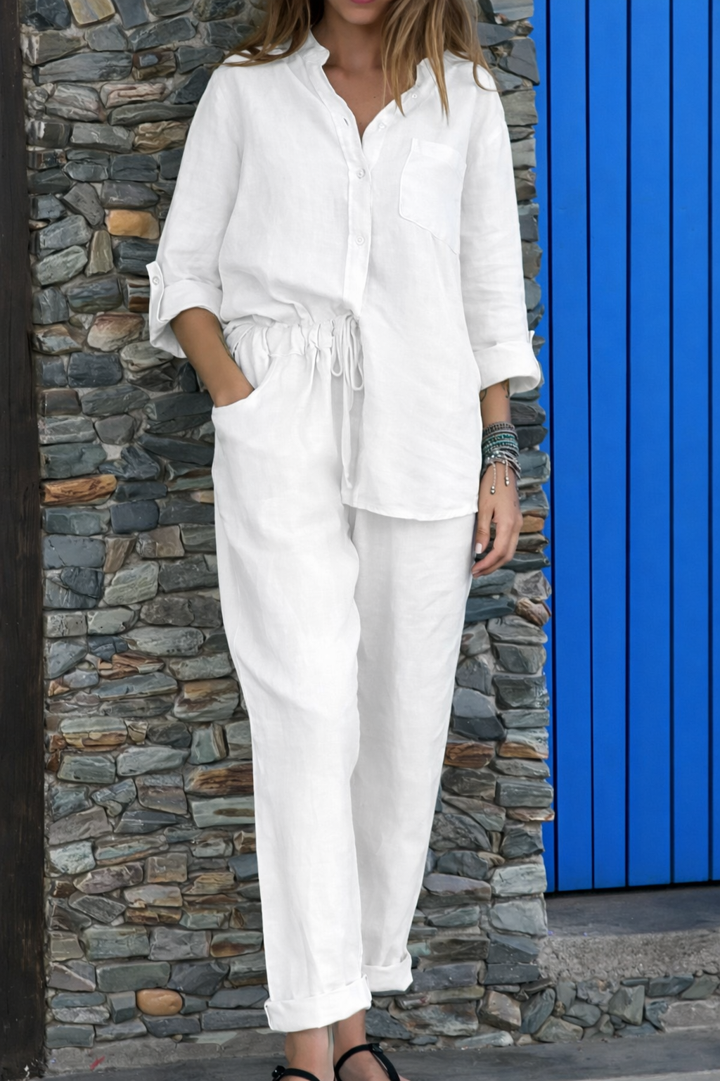 Conjunto elegante de algodón y lino con pantalones de talle alto Isabella Sol.