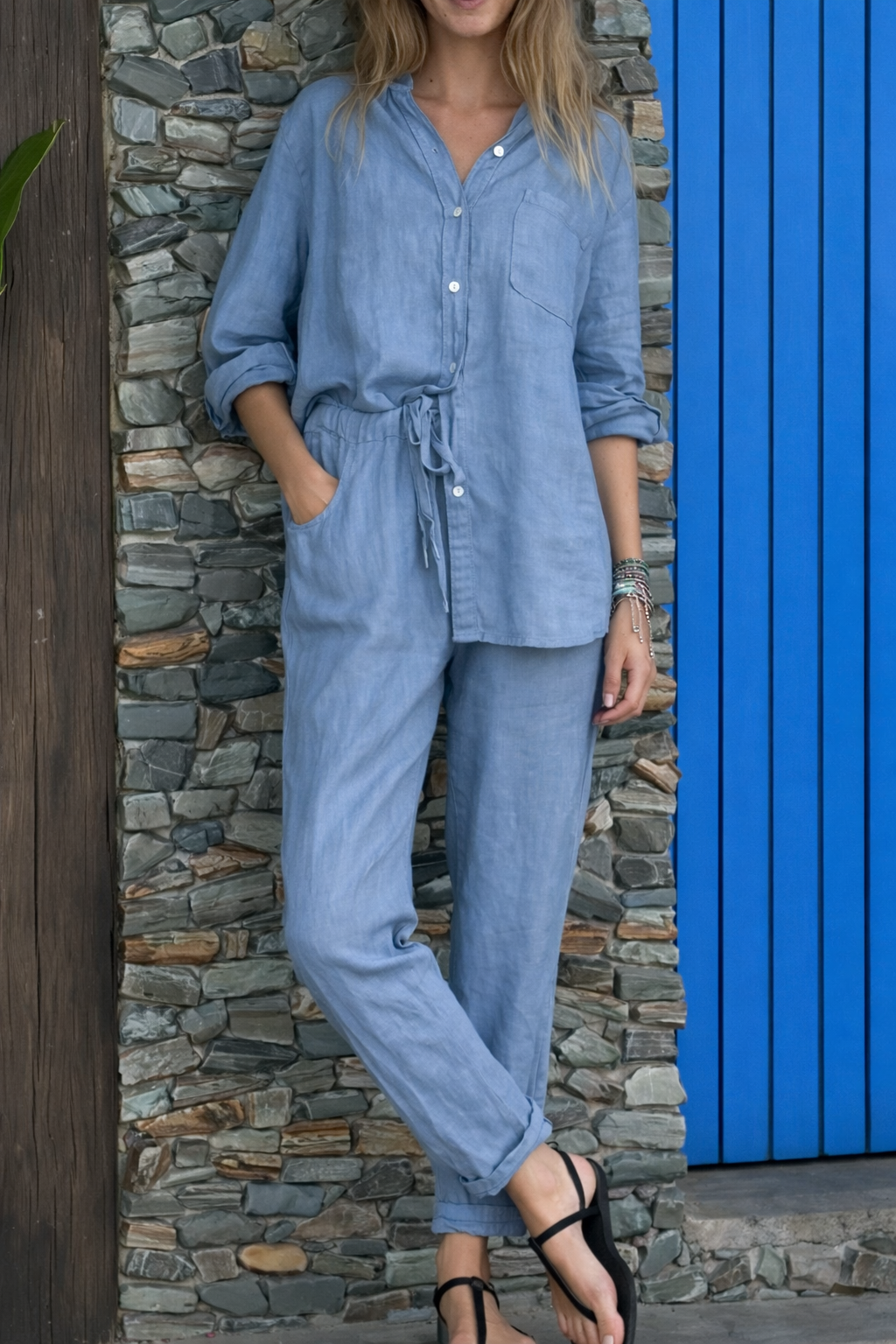 Conjunto elegante de algodón y lino con pantalones de talle alto Isabella Sol.