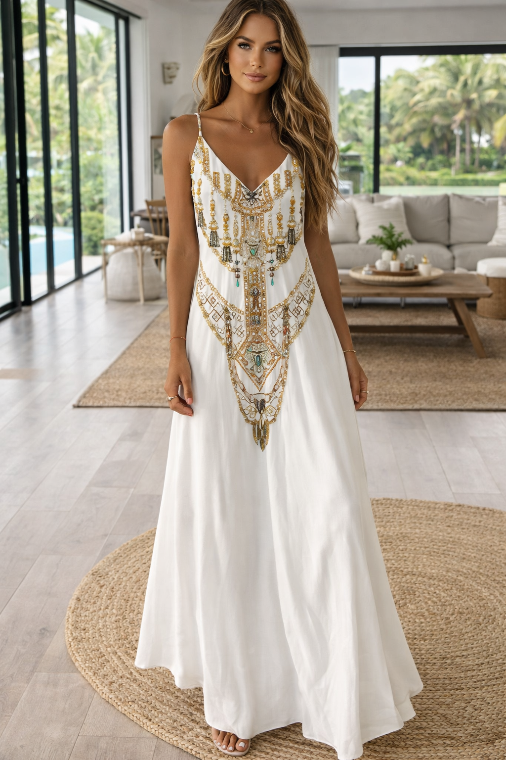 Elegante vestido largo de talle alto con estampado de mapa de Isabella Sol