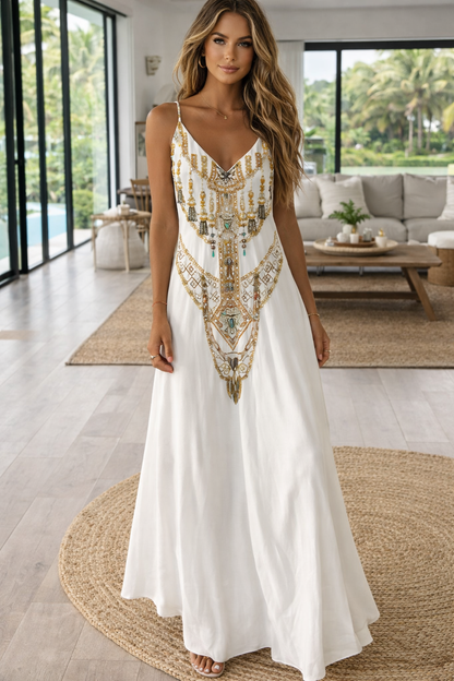 Elegante vestido largo de talle alto con estampado de mapa de Isabella Sol