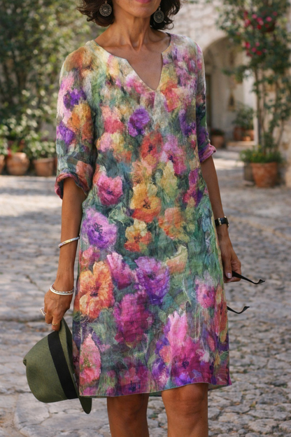 Vestido estampado vibrante con escote en V de Isabella Sol.