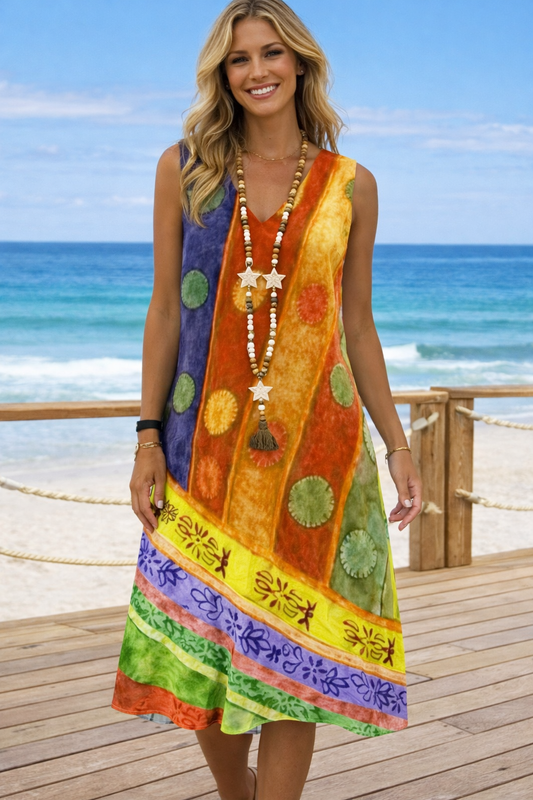 Vestido estampado vibrante con escote en V de Isabella Sol.