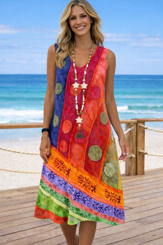 Vestido estampado vibrante con escote en V de Isabella Sol.
