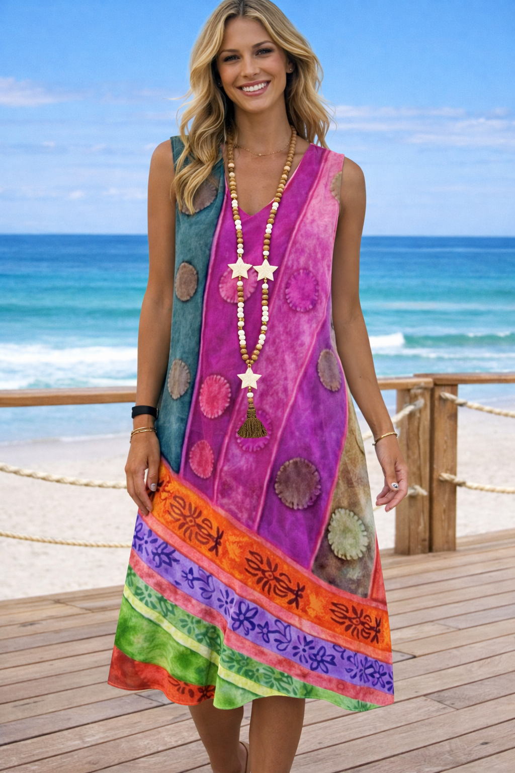 Vestido estampado vibrante con escote en V de Isabella Sol.
