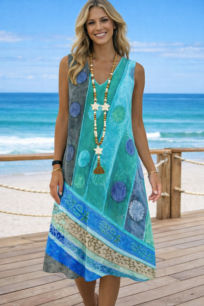 Vestido estampado vibrante con escote en V de Isabella Sol.