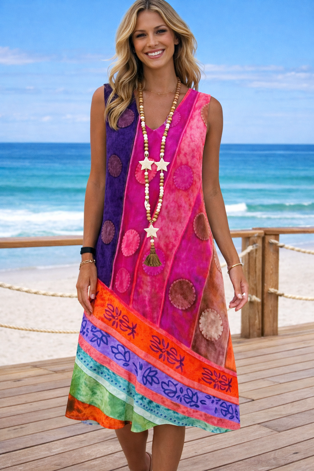 Vestido estampado vibrante con escote en V de Isabella Sol.