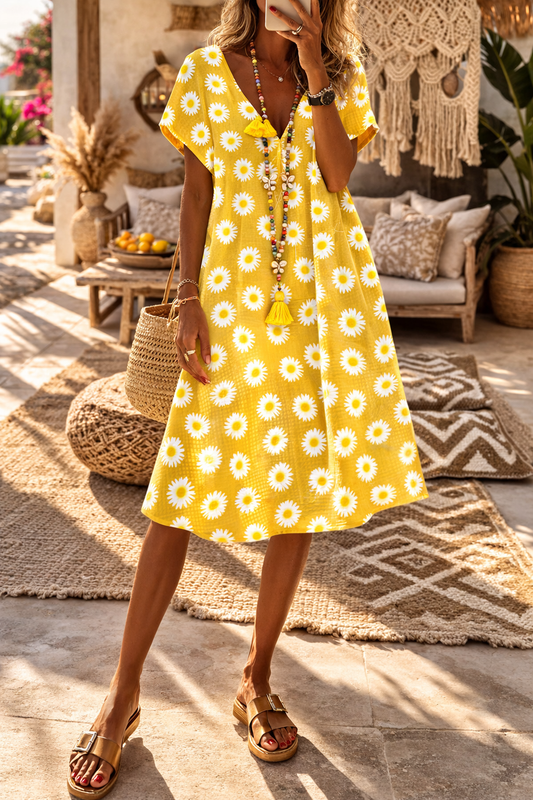 Vestido de verano con escote en V y estampado floral vibrante de Isabella Sol