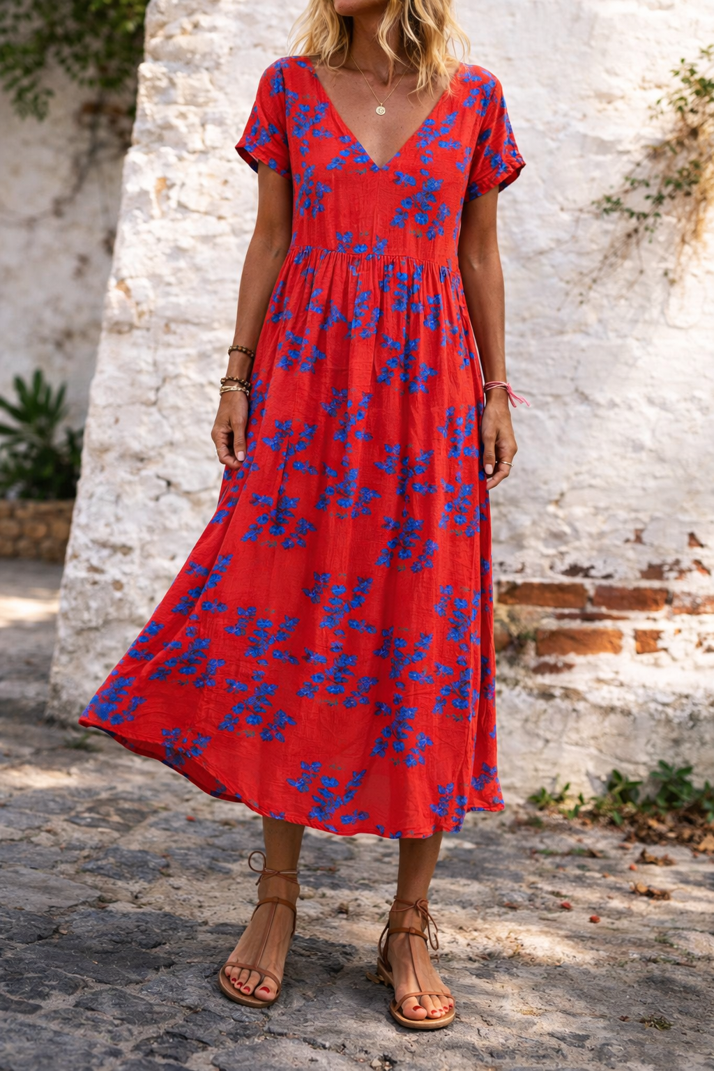 Vestido largo de algodón con escote en V y estampado floral de Isabella Sol.