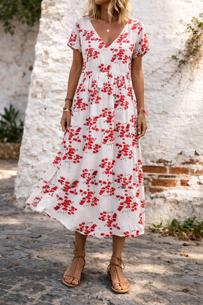 Vestido largo de algodón con escote en V y estampado floral de Isabella Sol.
