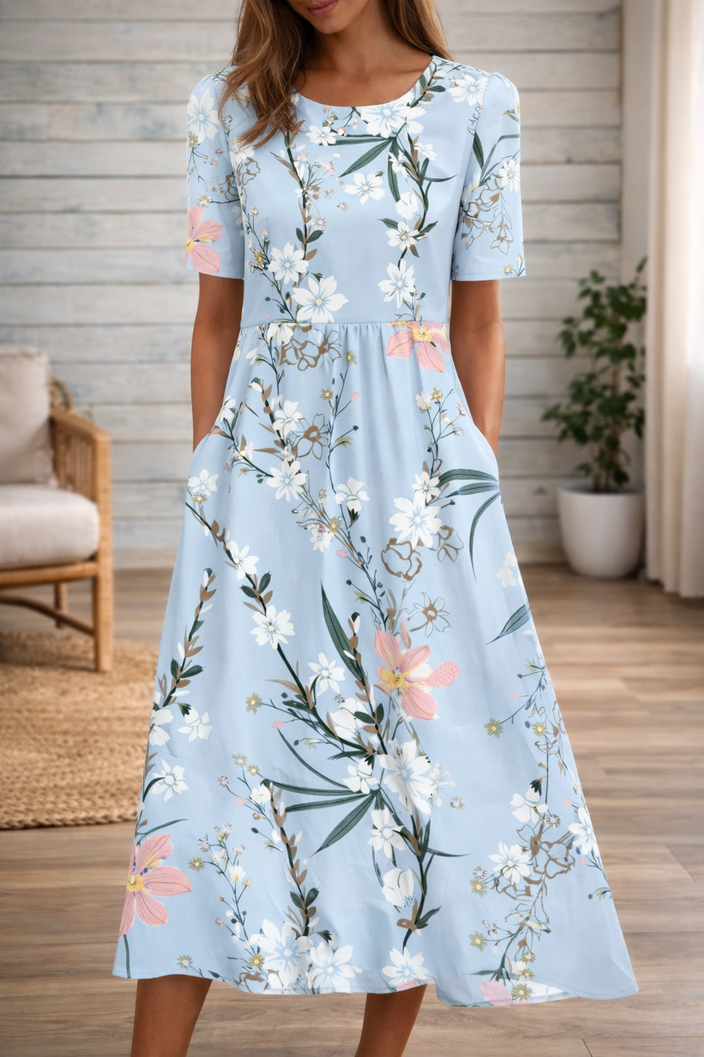 Vestido de cuello redondo con estampado floral de Isabella Sol