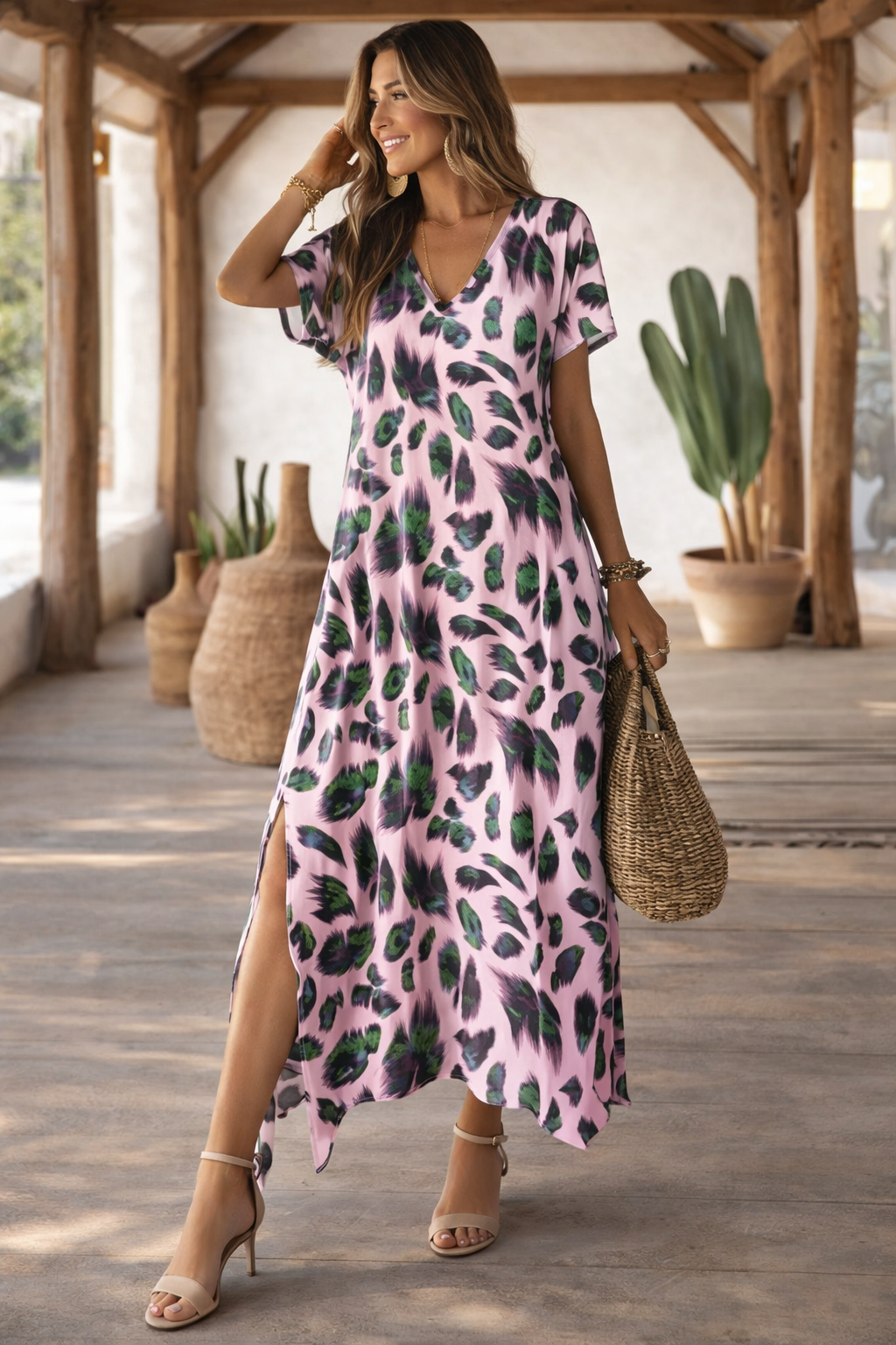 Vestido vibrante con escote en V dividido de Isabella Sol