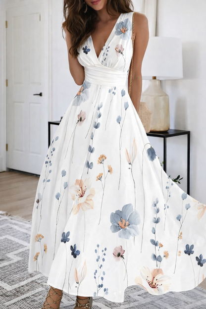 Vestido floral de cuello en V y cintura alta de Isabella Sol