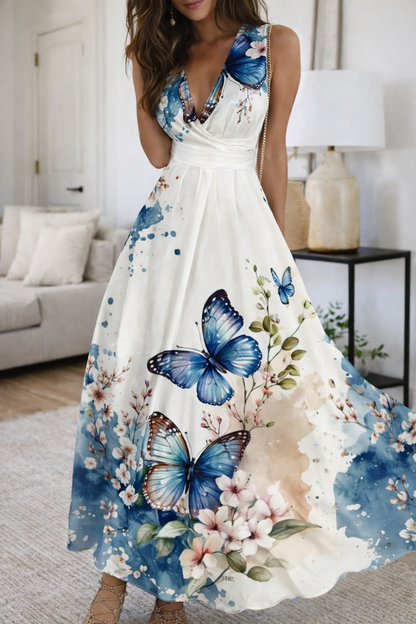 Vestido floral de cuello en V y cintura alta de Isabella Sol