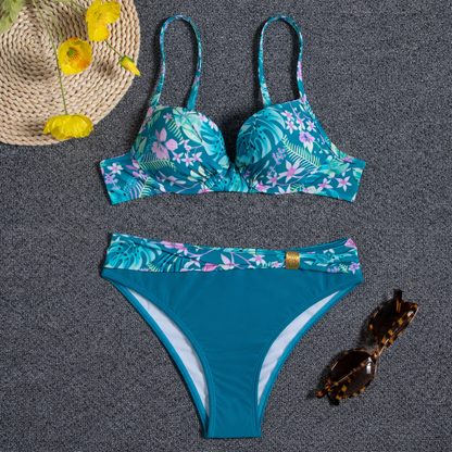Conjunto de bikini sin espalda Isabella Sol con estampado floral fruncido