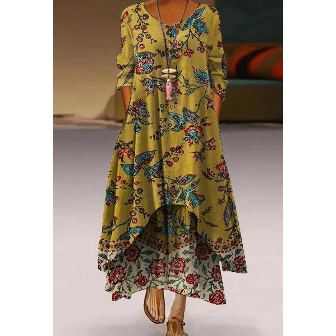 Vestido de vuelo con estampado floral artístico de Isabella Sol.