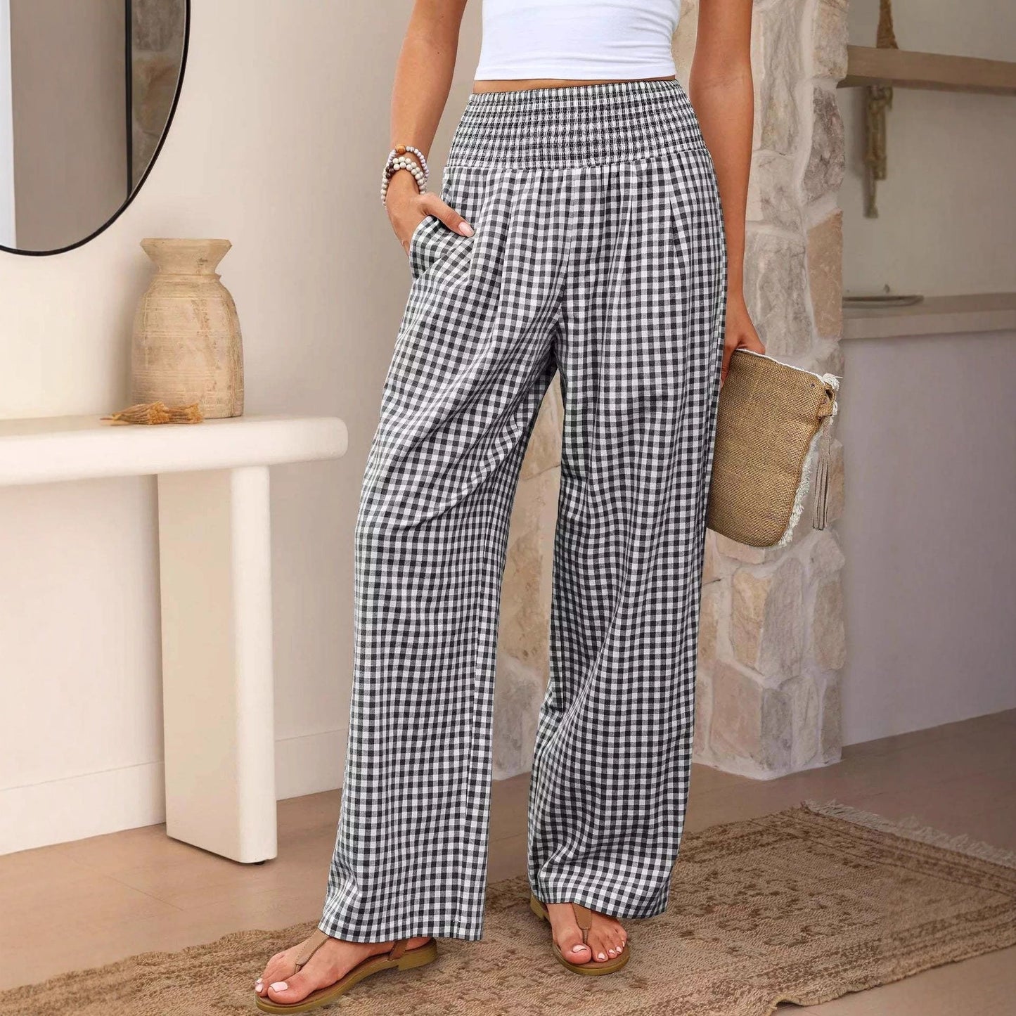 Pantalones casuales a cuadros, corte holgado, pantalones anchos de moda para mujer con bolsillos.