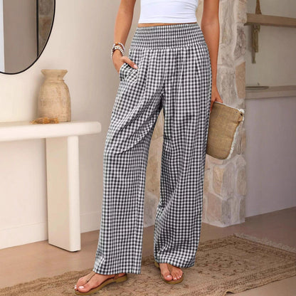 Pantalones casuales a cuadros, corte holgado, pantalones anchos de moda para mujer con bolsillos.