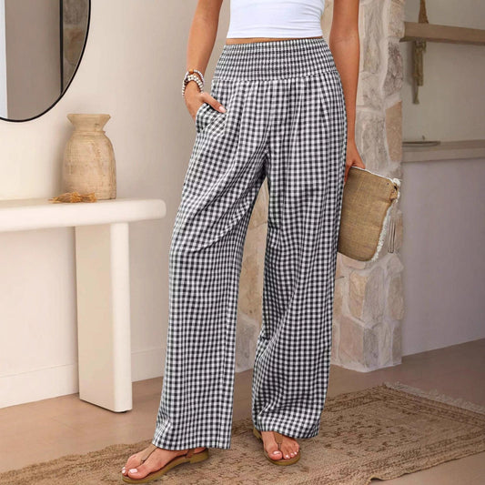 Pantalones casuales a cuadros, corte holgado, pantalones anchos de moda para mujer con bolsillos.