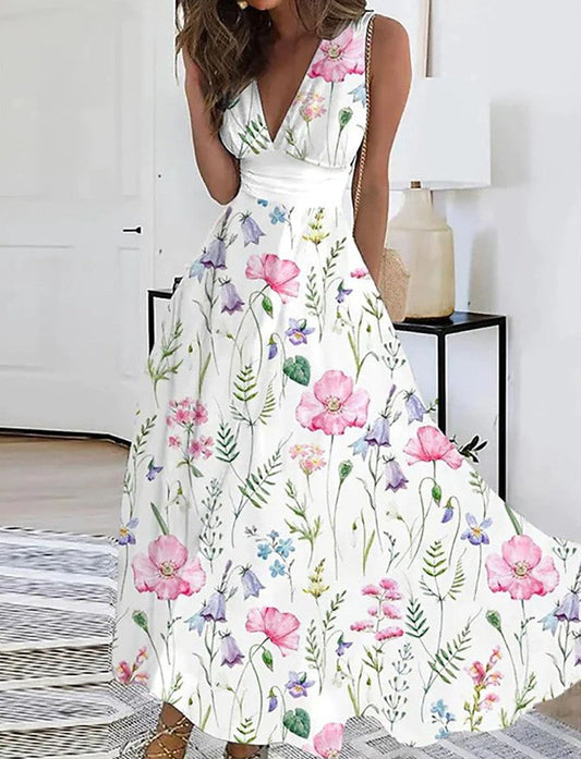 Vestido floral de cuello en V y cintura alta de Isabella Sol
