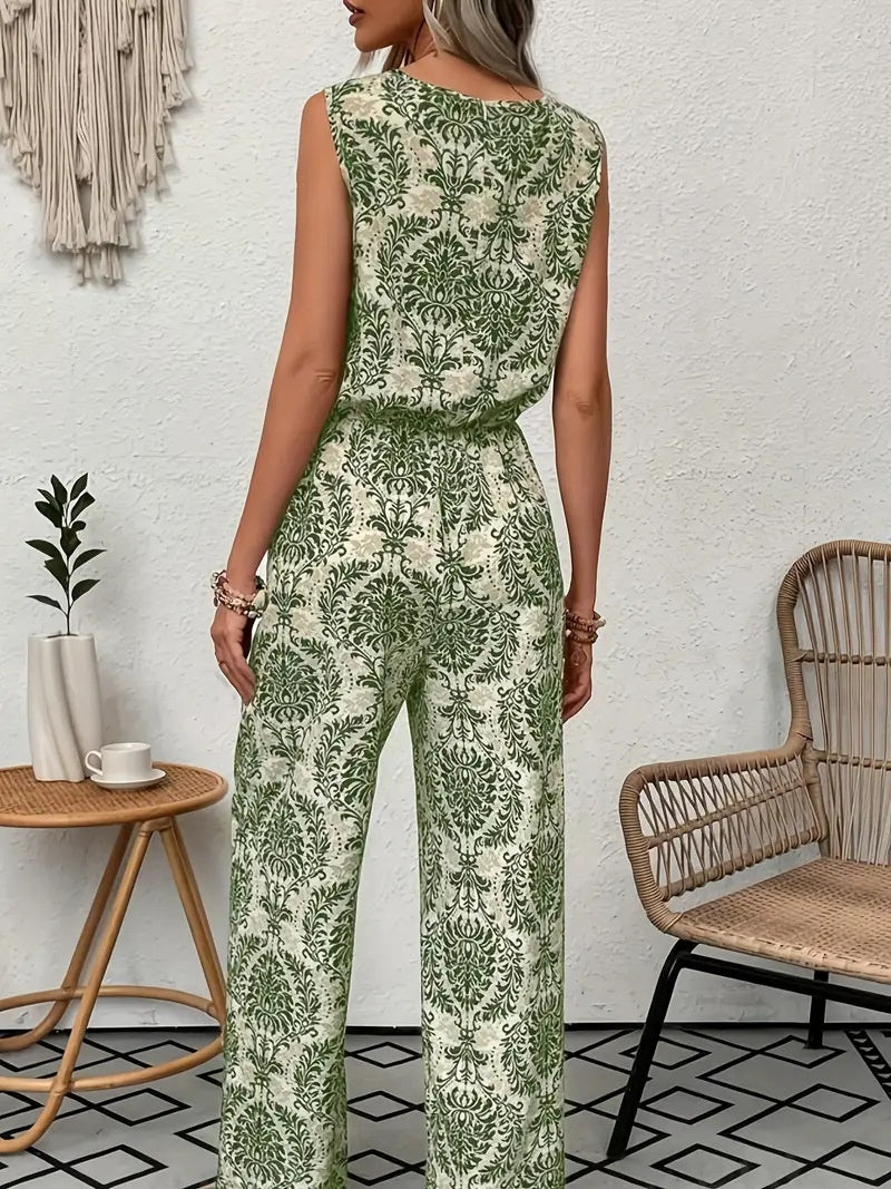 Conjunto de top sin mangas estampado y pantalón de pierna ancha para mujer.