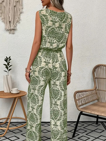 Conjunto de top sin mangas estampado y pantalón de pierna ancha para mujer.
