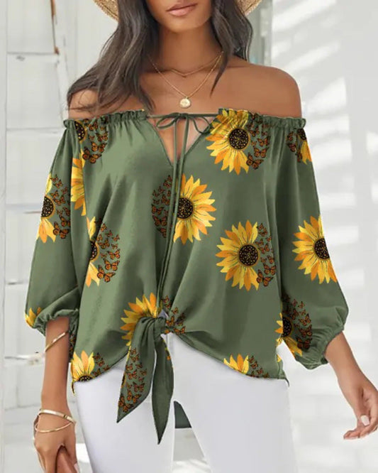 Elegante top estampado con hombros descubiertos de Isabella Sol
