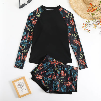 Conjunto de tankini de manga larga con estampado de hojas de Isabella Sol
