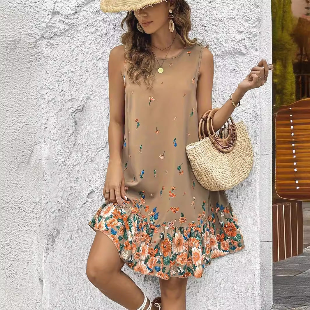 Vestido caqui sin mangas con estampado floral de Isabella Sol.