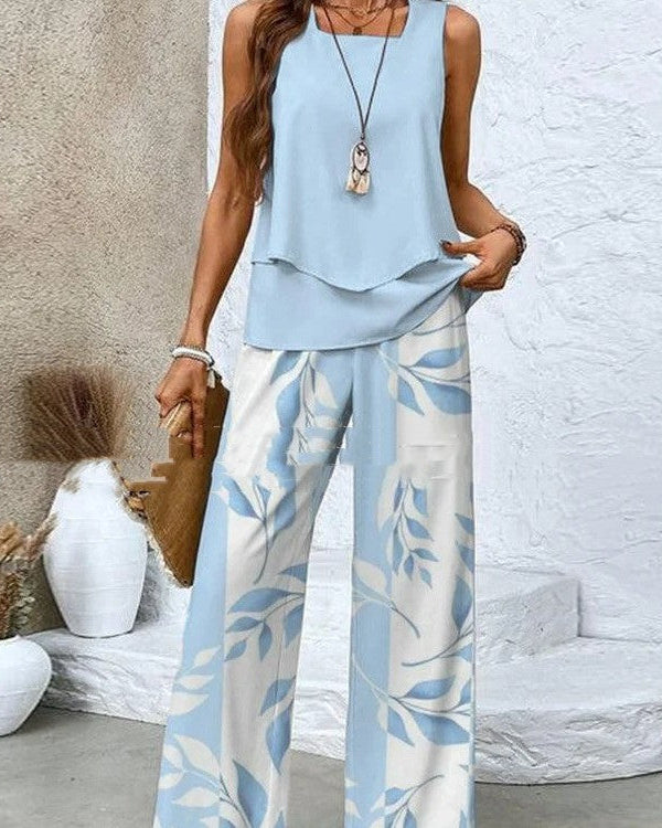 Traje estampado sin mangas, chaleco de doble capa y pantalones rectos holgados para mujer.