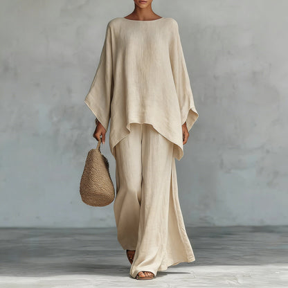 Conjunto minimalista de top de corte relajado y pantalón de pierna ancha para mujer.