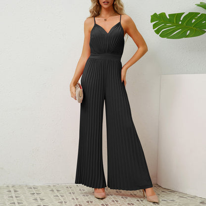 Mono plisado con tirantes y escote en V, color liso, pantalón recto holgado, ropa de mujer