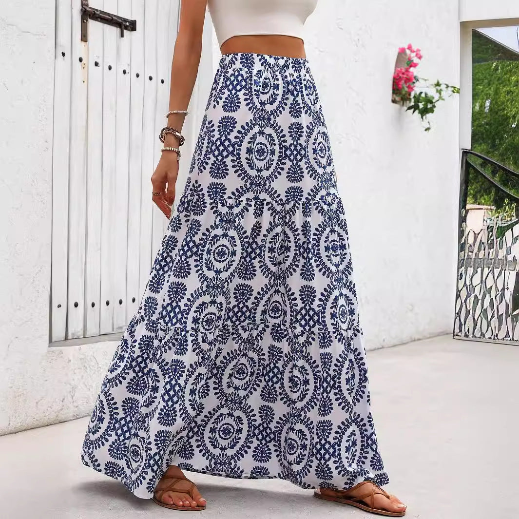 Falda acampanada Isabella Sol con estampado de porcelana azul