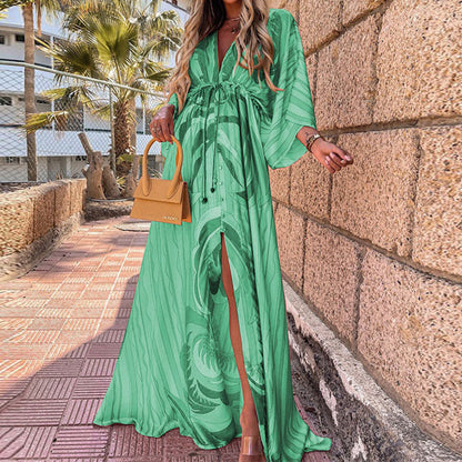 Vestido largo vibrante con escote en V y cordones de Isabella Sol