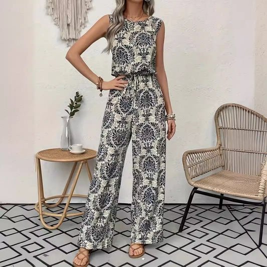 Conjunto de top sin mangas estampado y pantalón de pierna ancha para mujer.