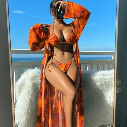 Conjunto de bikini de manga larga Isabella Sol con estampado floral vibrante