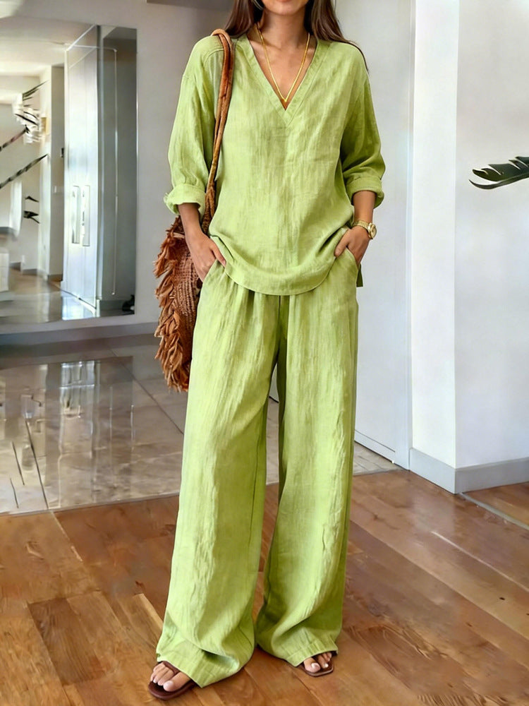 Conjunto de top y pantalón de manga larga de algodón multicolor para mujer, prelavado.