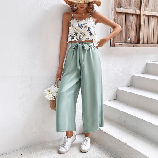 Conjunto informal de top estampado y pantalón con lazo frontal para mujer
