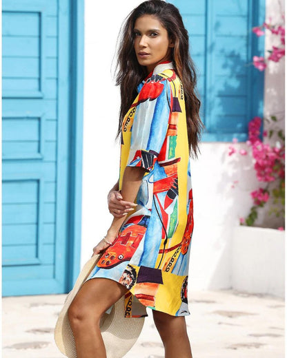 Top de media melena con estampado geométrico vibrante de Isabella Sol
