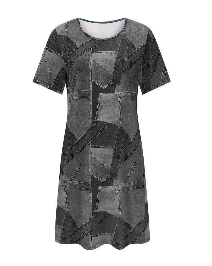 Elegante vestido de verano de corte A con estampado vaquero de Isabella Sol