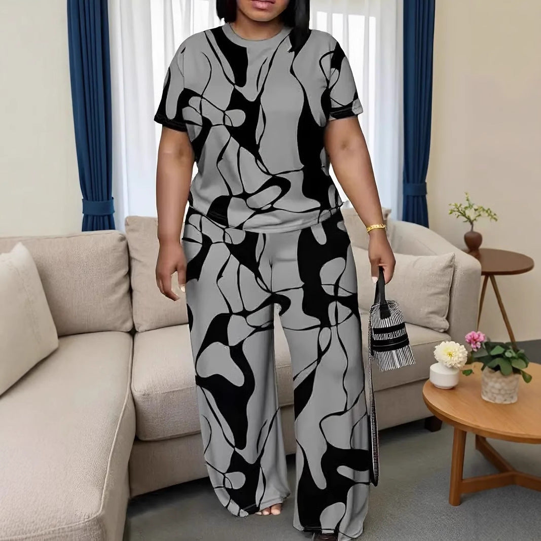 Conjunto de dos piezas cómodo para estar en casa con estampado abstracto y talla grande de Isabella