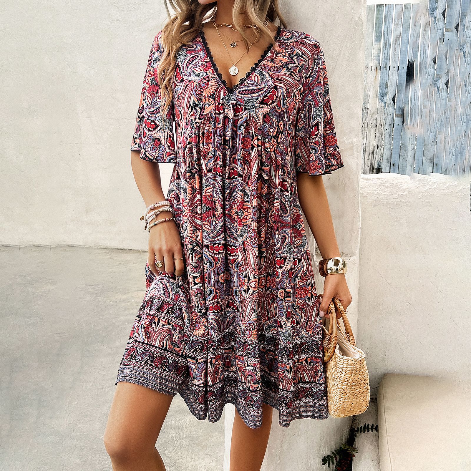 Boho Printed V-Neck Dress by Isabella Sol