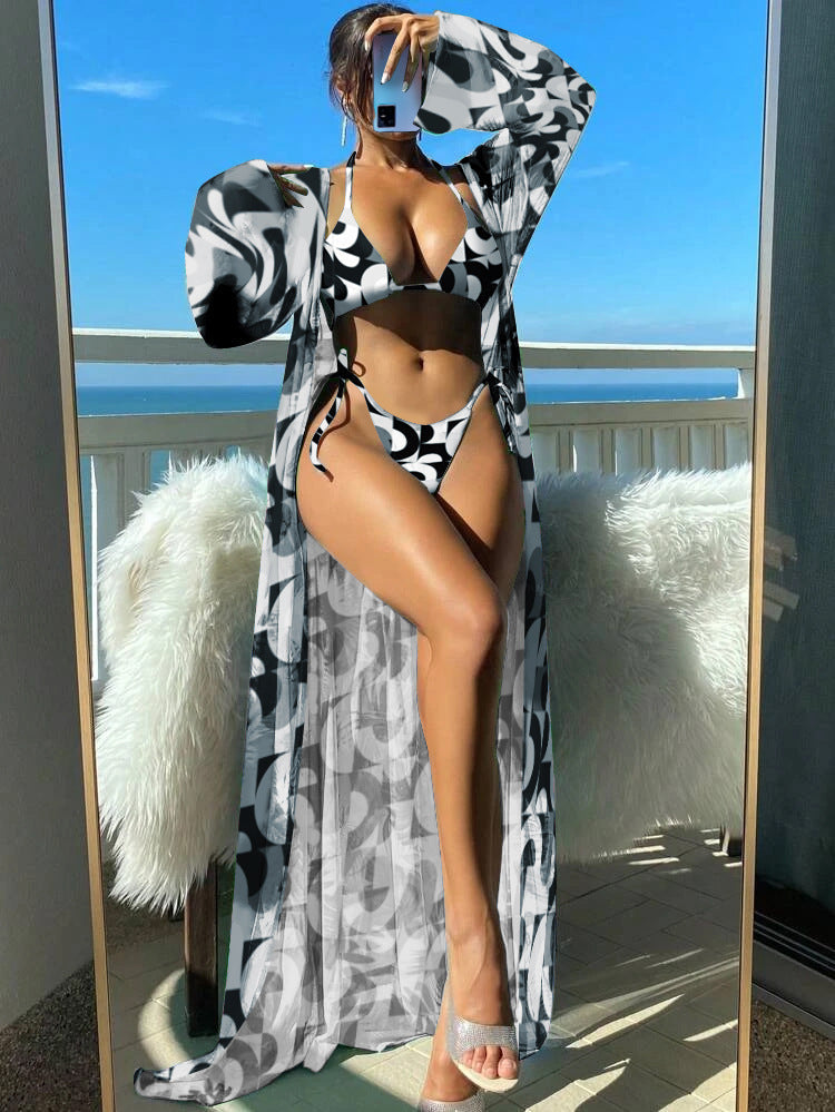 Conjunto de bikini de manga larga Isabella Sol con estampado floral vibrante