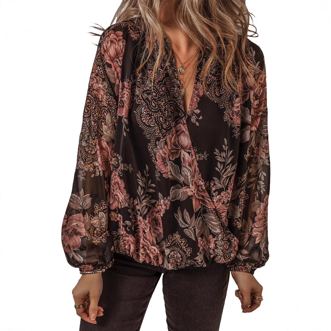 Top de gasa floral con escote en V de Isabella Sol