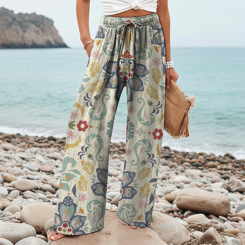 Pantalones de pierna ancha para mujer de Isabella Sol con estampado botánico bohemio