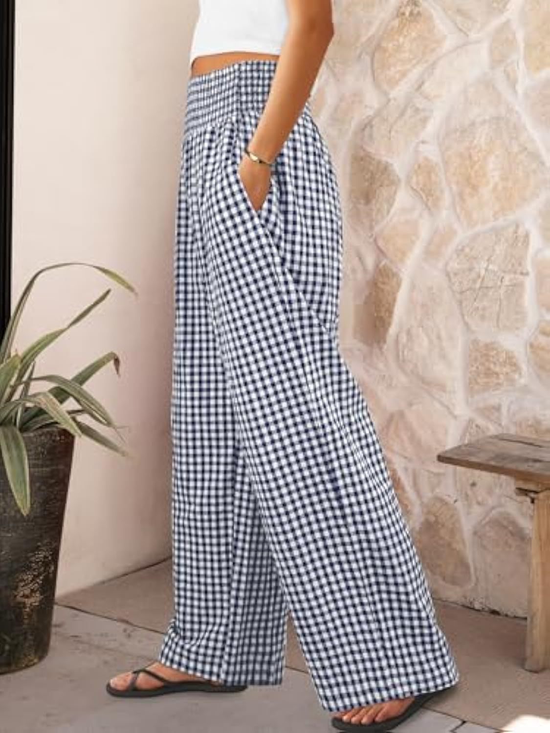 Pantalones casuales a cuadros, corte holgado, pantalones anchos de moda para mujer con bolsillos.