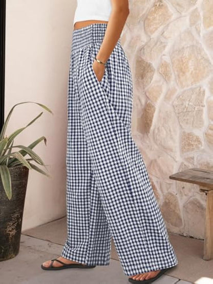 Pantalones casuales a cuadros, corte holgado, pantalones anchos de moda para mujer con bolsillos.