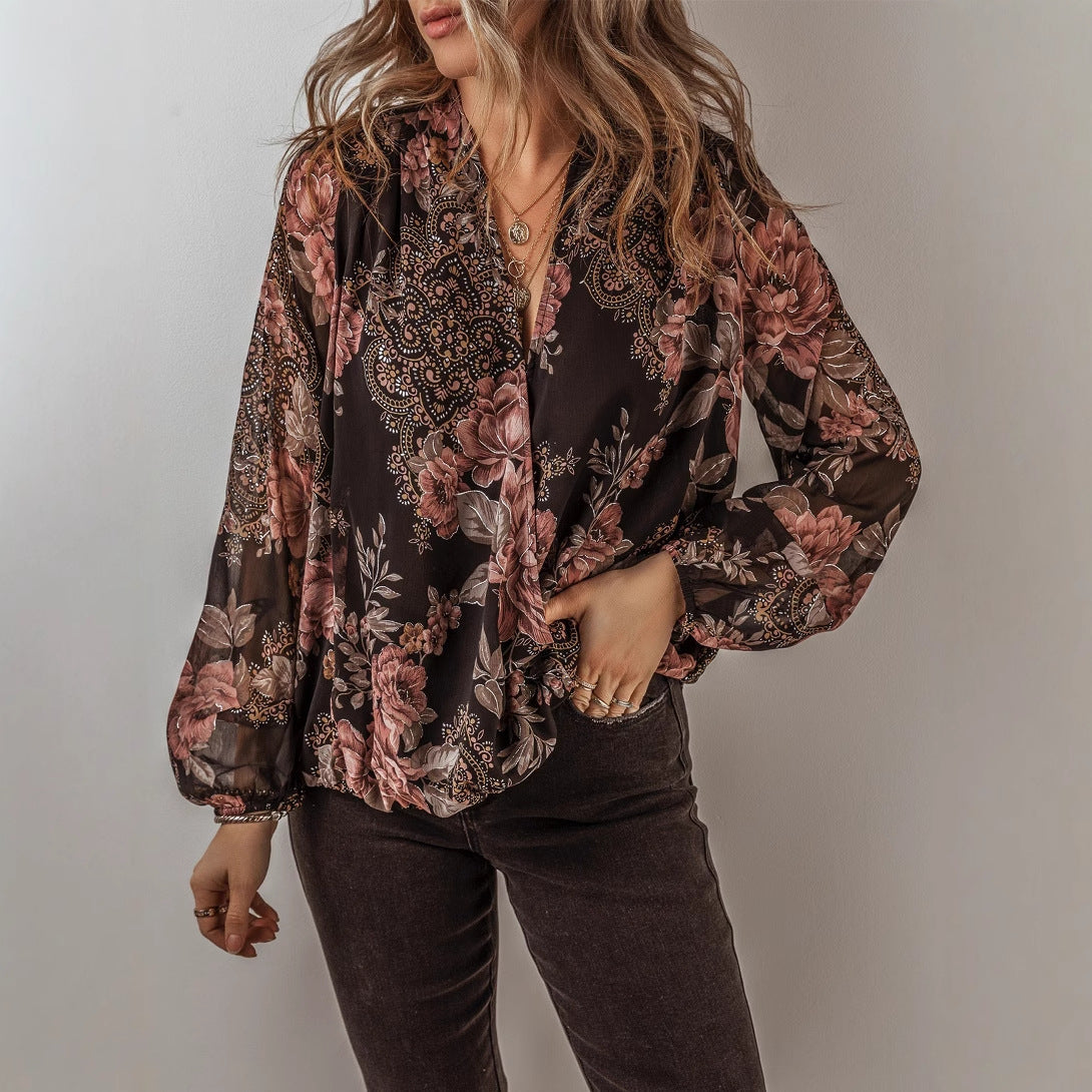 Top de gasa floral con escote en V de Isabella Sol